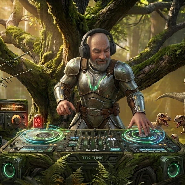 Oldman com fones de ouvido comandando uma mesa de DJ na floresta do ARK